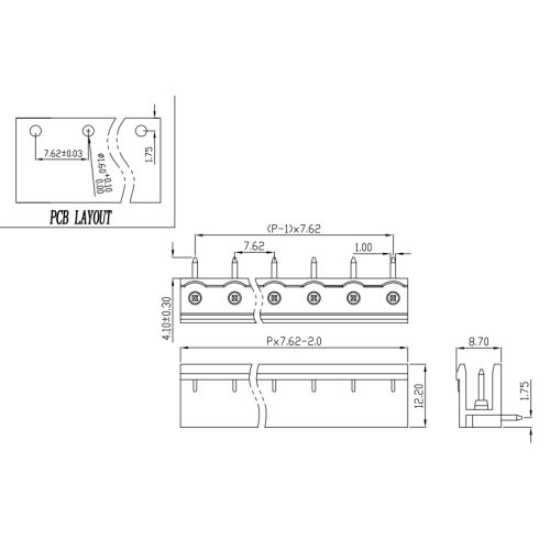 Angle de connecteur mâle et féminin côté pitch de 7,62 mm